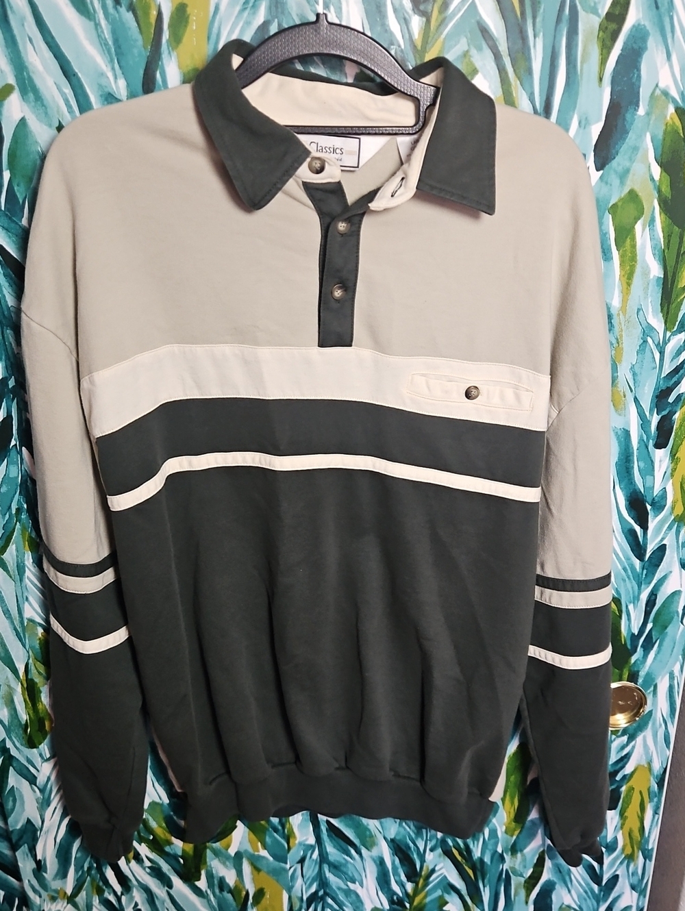 Vintage Classics by Palmland Forest Green and Cream Long Sleeve Polo - Size L
